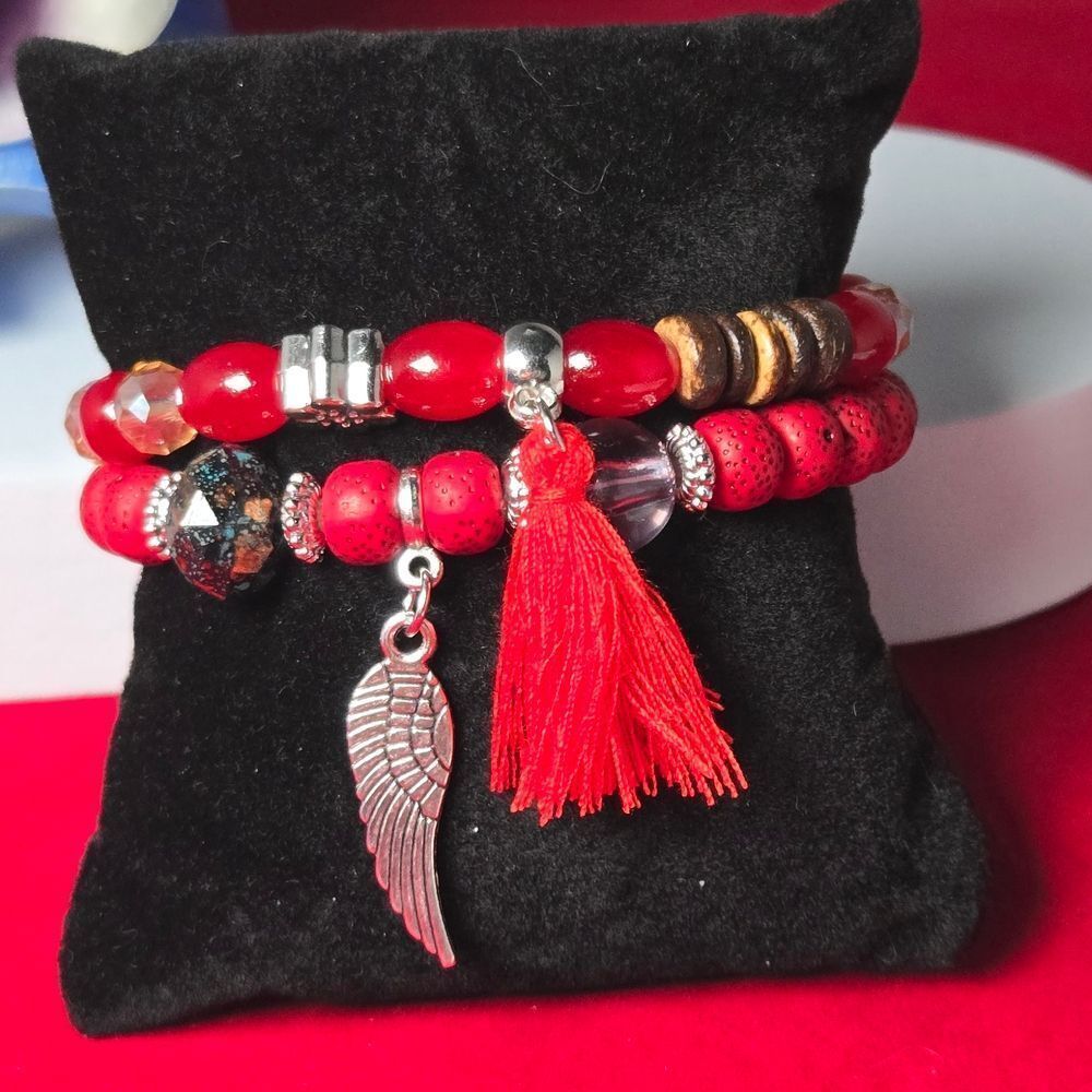 Boho Red Beaded Bracelet Set Angel Wing Charm Tassel – 2 Piece Stack Jewelry NWT